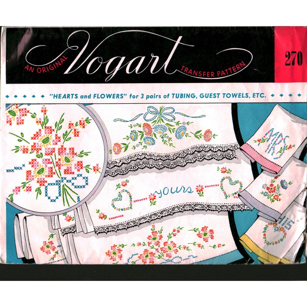 Vogart 270 Hearts and Flowers Embroidery Transfer Pattern Vintage Floral Linens
